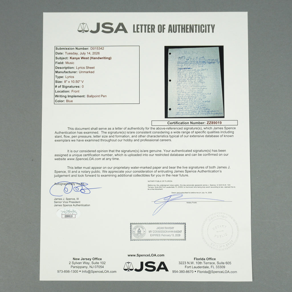 Kanye West - Handwritten "Chicago City At Night" Lyric Sheet [JSA]