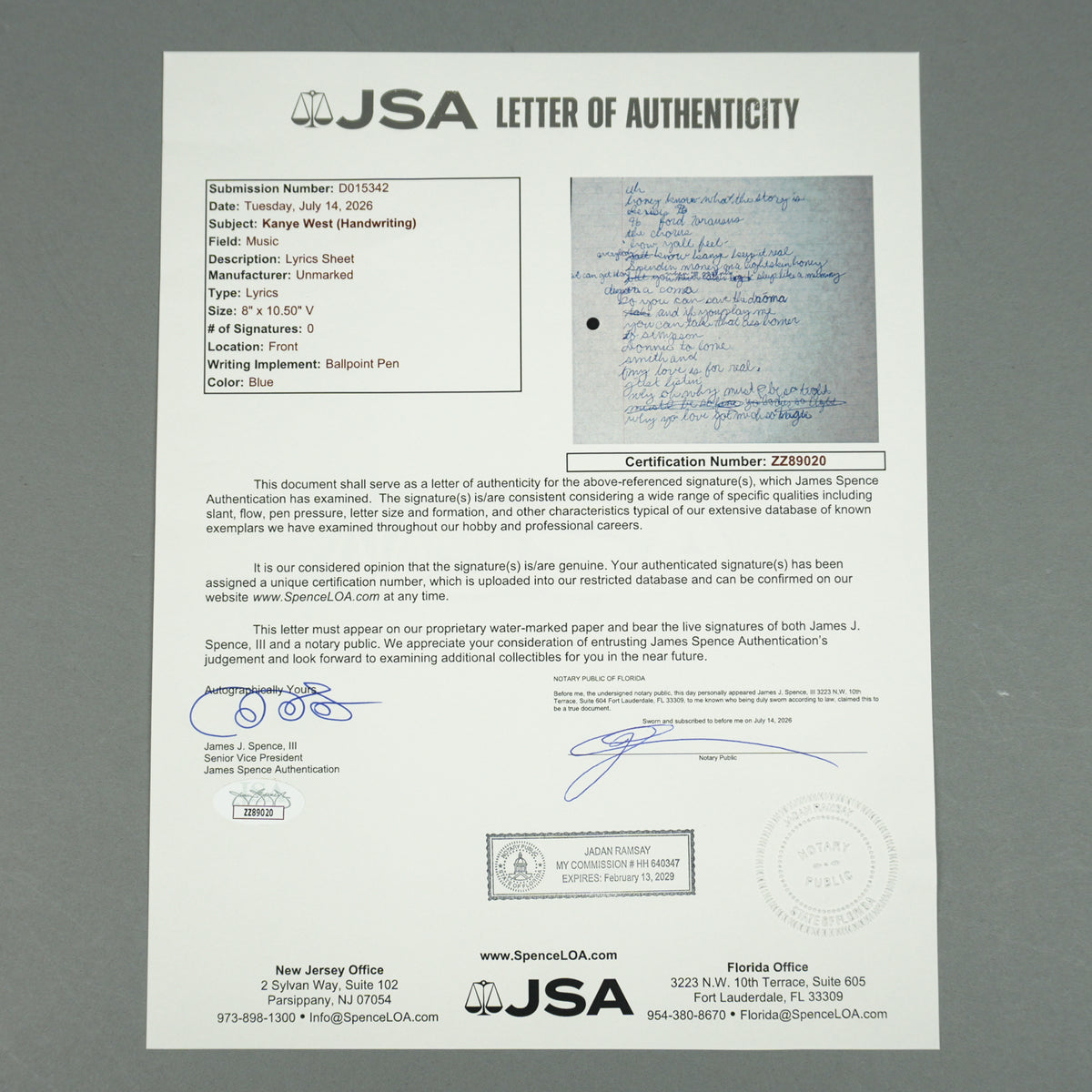 Kanye West - Handwritten "Kanye Keep It Real" Lyric Sheet [JSA]
