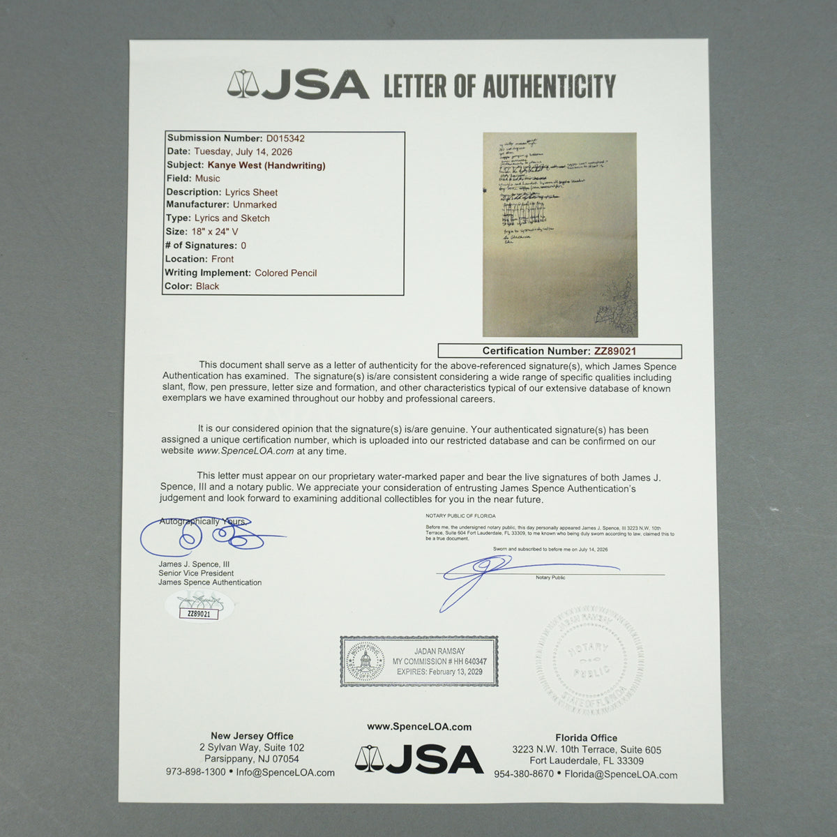 Kanye West - Handwritten "Ill Psycho Scientist" Large Lyric Sheet [JSA]